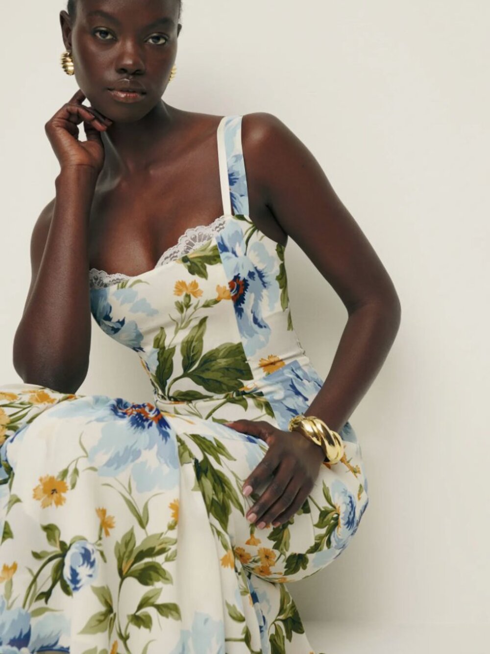 Reformation White Floral Midi Dress with Blue and Green Print
